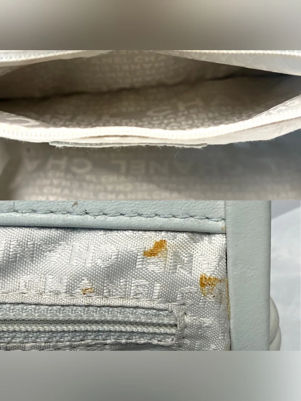 CHANEL lambskin top handle clutch, ivory-grey, leather Camelia accent,11x12, EUC